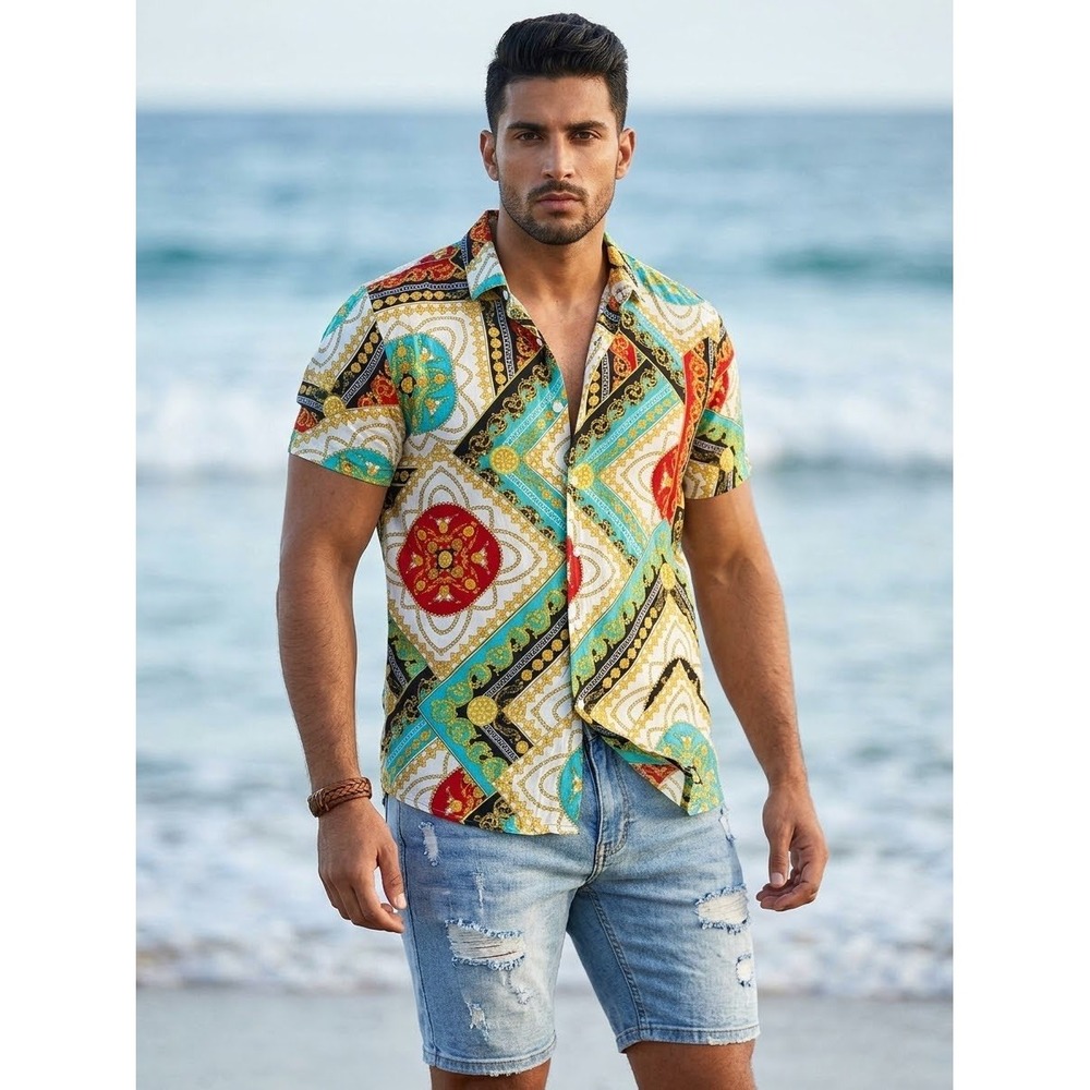 Cactus Man Ricky Singh Baroque Chain Print Viscose Button Down Shirt Mens Medium